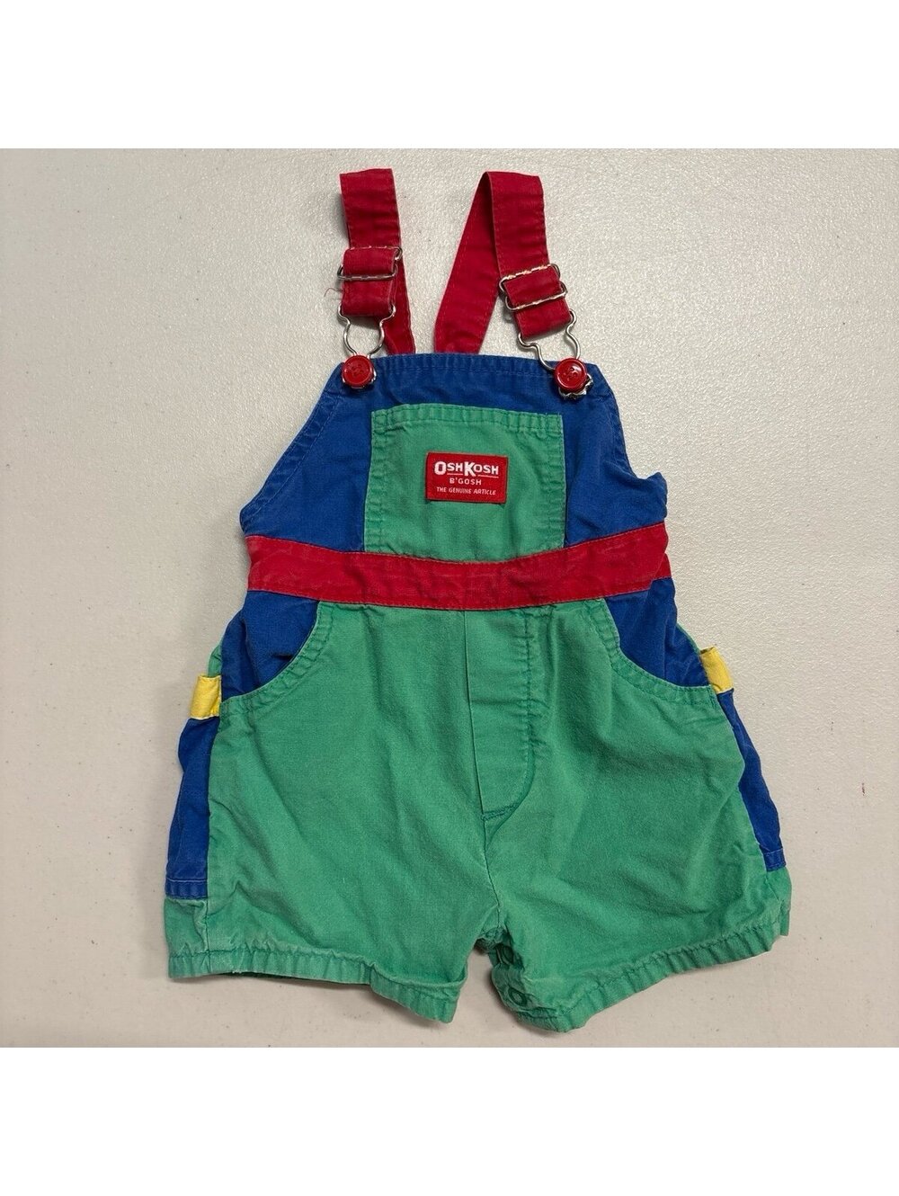 Vintage OshKosh B’Gosh Red Blue Green Yellow Colorblock Shortalls 18M USA Made